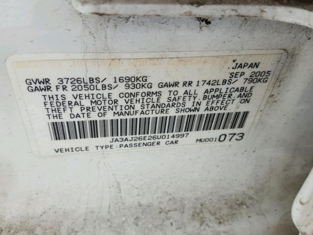 JA3AJ26E26U014997 - 2006 MITSUBISHI LANCER ES WHITE photo 10