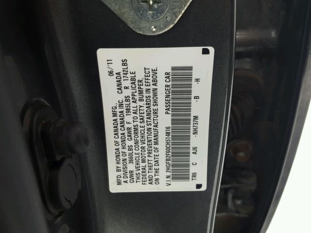 2HGFB2F60CH514816 - 2012 HONDA CIVIC HF GRAY photo 10