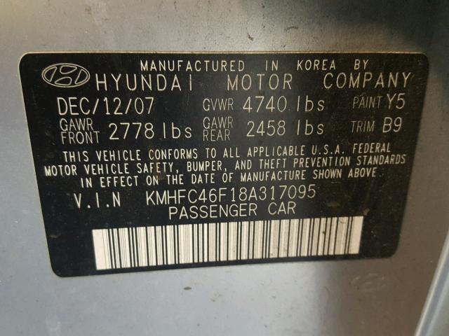 KMHFC46F18A317095 - 2008 HYUNDAI AZERA SE SILVER photo 10