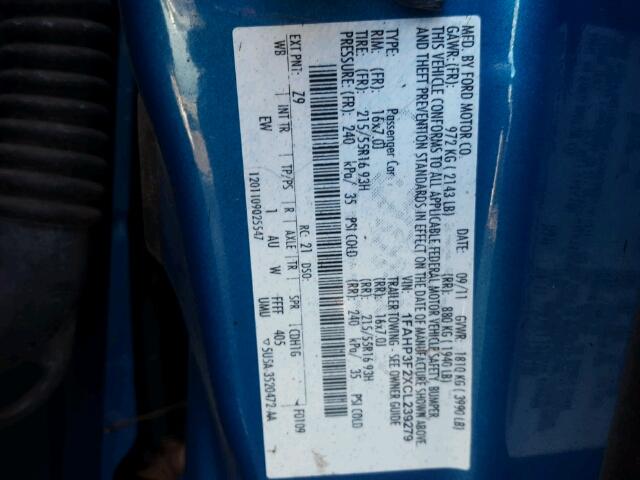 1FAHP3F2XCL239279 - 2012 FORD FOCUS SE BLUE photo 10