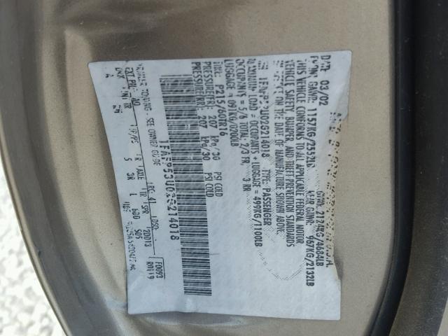 1FAFP53U02G214018 - 2002 FORD TAURUS SE TAN photo 10