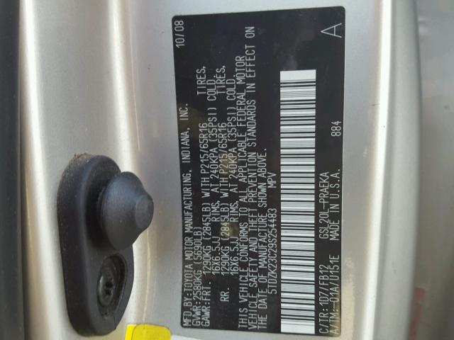 5TDZK23C29S254483 - 2009 TOYOTA SIENNA CE SILVER photo 10