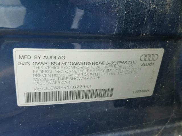 WAULC68E54A022998 - 2004 AUDI A4 1.8T QU BLUE photo 10