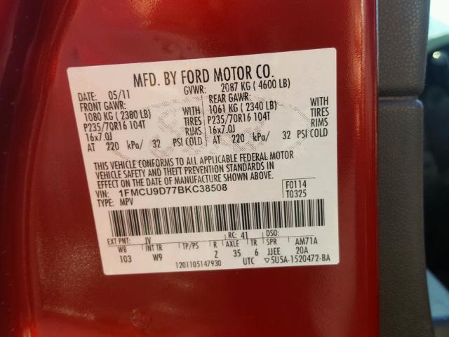 1FMCU9D77BKC38508 - 2011 FORD ESCAPE XLT RED photo 10