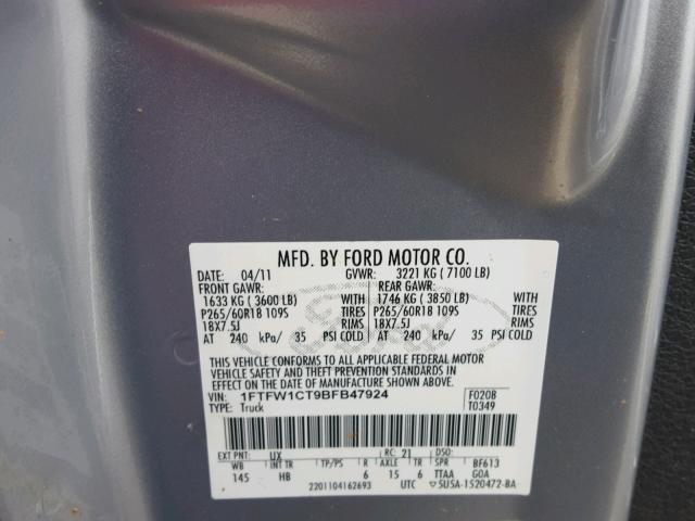 1FTFW1CT9BFB47924 - 2011 FORD F150 SUPER SILVER photo 10