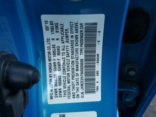 JHMZE2H79AS036506 - 2010 HONDA INSIGHT EX BLUE photo 10