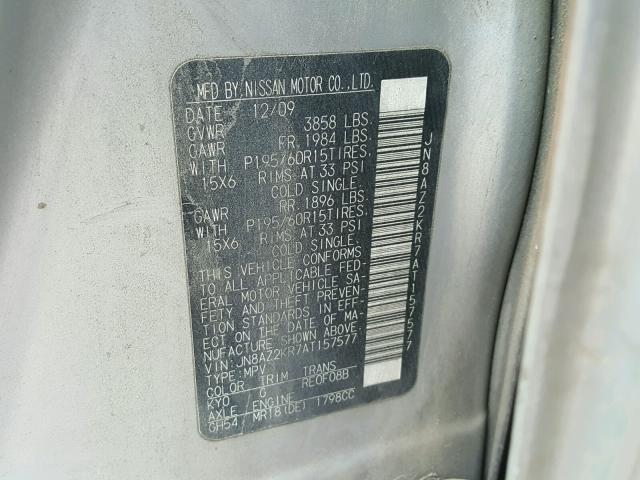 JN8AZ2KR7AT157577 - 2010 NISSAN CUBE BASE SILVER photo 10