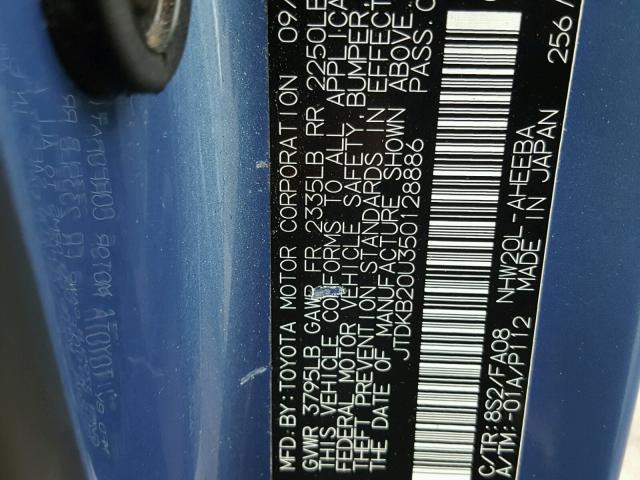 JTDKB20U350128886 - 2005 TOYOTA PRIUS BLUE photo 10