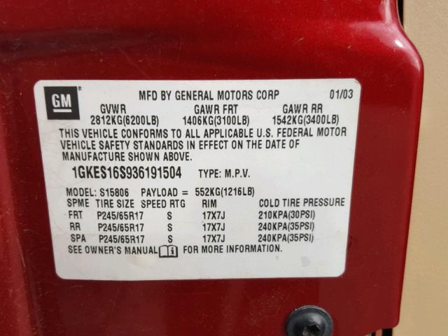 1GKDS13S832207053 - 2003 GMC ENVOY RED photo 10