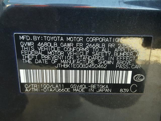 JTHBK1EG0B2450462 - 2011 LEXUS ES 350 GRAY photo 10