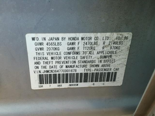 JHMCN36477C001678 - 2007 HONDA ACCORD HYB SILVER photo 10