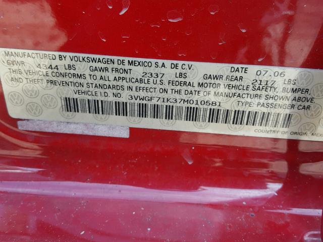 3VWGF71K37M010581 - 2007 VOLKSWAGEN JETTA RED photo 10