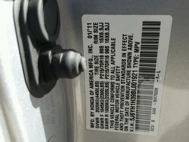 5J6YH1H39BL001921 - 2011 HONDA ELEMENT LX SILVER photo 10