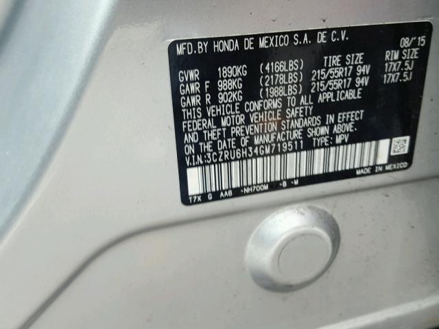 3CZRU6H34GM719511 - 2016 HONDA HR-V LX SILVER photo 10