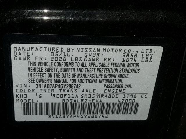 3N1AB7AP4GY288742 - 2016 NISSAN SENTRA S BLACK photo 10