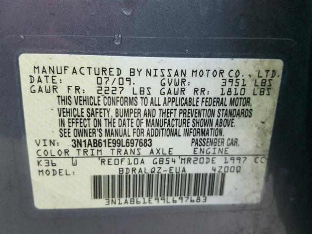 3N1AB61E99L697683 - 2009 NISSAN SENTRA 2.0 GRAY photo 10