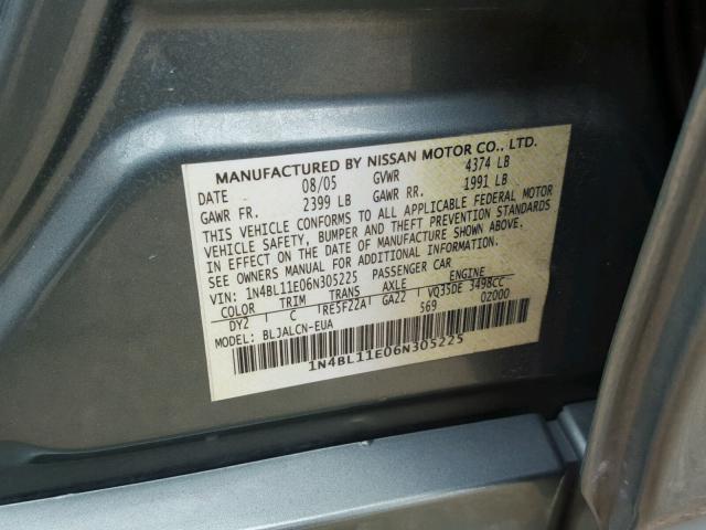 1N4BL11E06N305225 - 2006 NISSAN ALTIMA SE GREEN photo 10