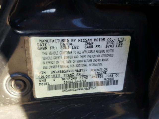 3N1AB51A44L463757 - 2004 NISSAN SENTRA 2.5 BLACK photo 10