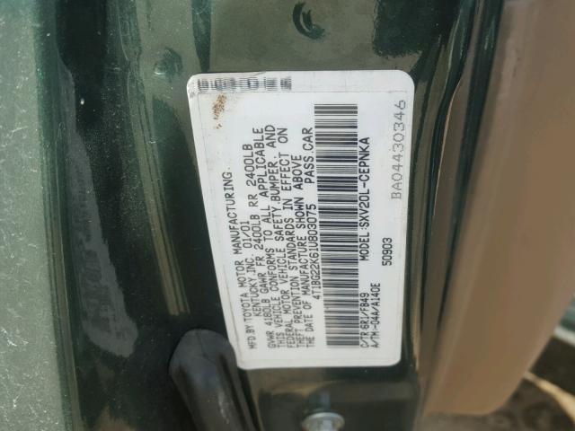 4T1BG22K61U803075 - 2001 TOYOTA CAMRY CE GREEN photo 10