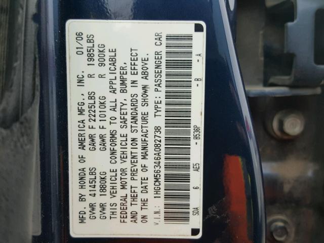 1HGCM56346A082738 - 2006 HONDA ACCORD SE BLUE photo 10