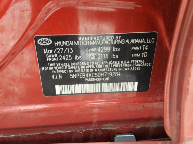 5NPEB4AC5DH719284 - 2013 HYUNDAI SONATA GLS RED photo 10