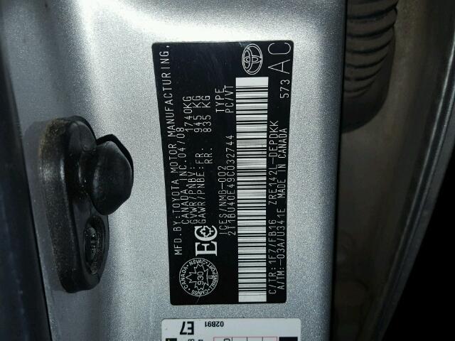 2T1BU40E49C032744 - 2009 TOYOTA COROLLA BA SILVER photo 10