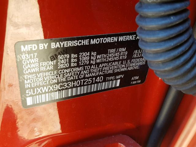 5UXWX9C33H0T25140 - 2017 BMW X3 XDRIVE2 RED photo 10