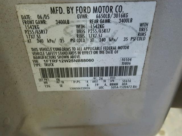 1FTRF12W25NB88060 - 2005 FORD F150 WHITE photo 10