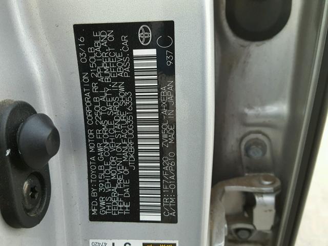 JTDKBRFU0G3516353 - 2016 TOYOTA PRIUS SILVER photo 10