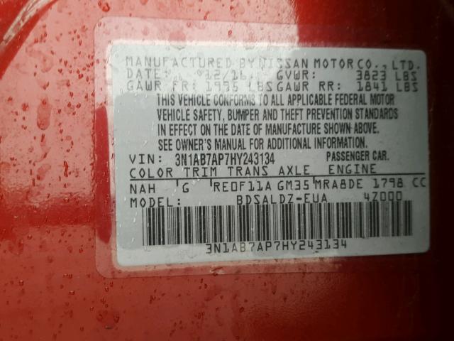 3N1AB7AP7HY243134 - 2017 NISSAN SENTRA S RED photo 10