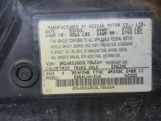 3N1AB51D03L726514 - 2003 NISSAN SENTRA SE- BLACK photo 10