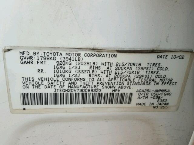 JTEGH20V730089323 - 2003 TOYOTA RAV4 WHITE photo 10