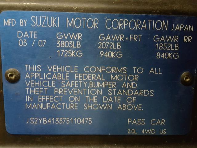 JS2YB413375110475 - 2007 SUZUKI SX4 BLACK photo 10