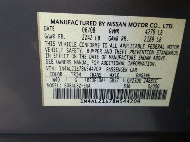 1N4AL21E78N544209 - 2008 NISSAN ALTIMA 2.5 GRAY photo 10