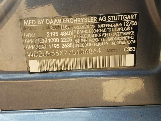 WDBUF56X77B106864 - 2007 MERCEDES-BENZ E 350 BLUE photo 10