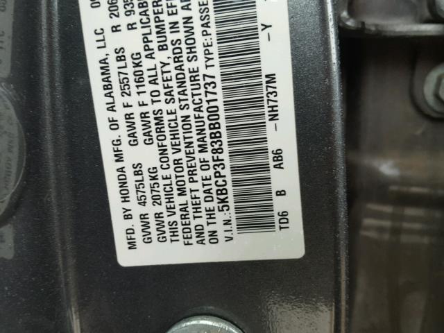 5KBCP3F83BB001737 - 2011 HONDA ACCORD EXL GRAY photo 10