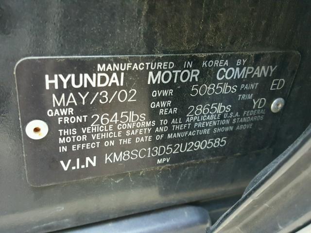 KM8SC13D52U290585 - 2002 HYUNDAI SANTA FE G BLACK photo 10