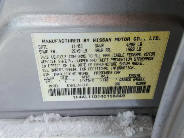 1N4AL11D14C156349 - 2004 NISSAN ALTIMA BAS SILVER photo 10