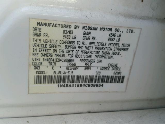 1N4BA41E94C809854 - 2004 NISSAN MAXIMA SE WHITE photo 10