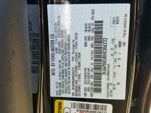 3FA6P0RU8HR306232 - 2017 FORD FUSION TIT BLACK photo 10