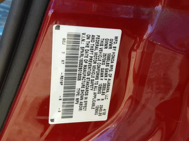 5FNRL18052B018006 - 2002 HONDA ODYSSEY EX RED photo 10