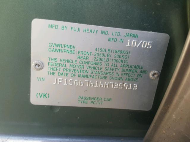 JF1SG67616H735913 - 2006 SUBARU FORESTER 2 GREEN photo 10