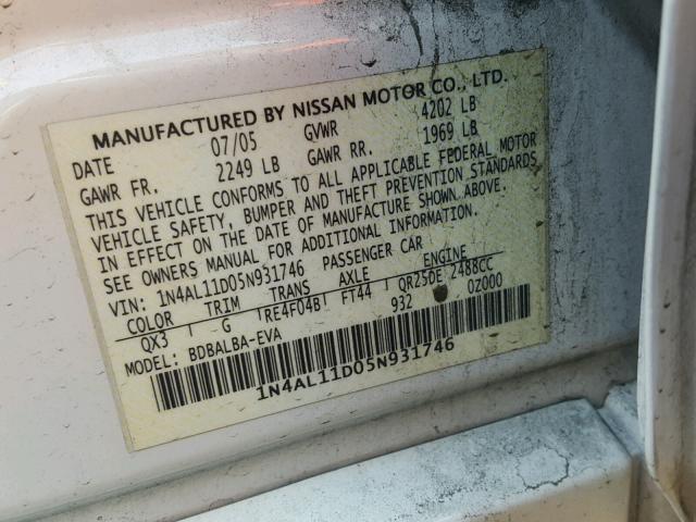 1N4AL11D05N931746 - 2005 NISSAN ALTIMA S WHITE photo 10