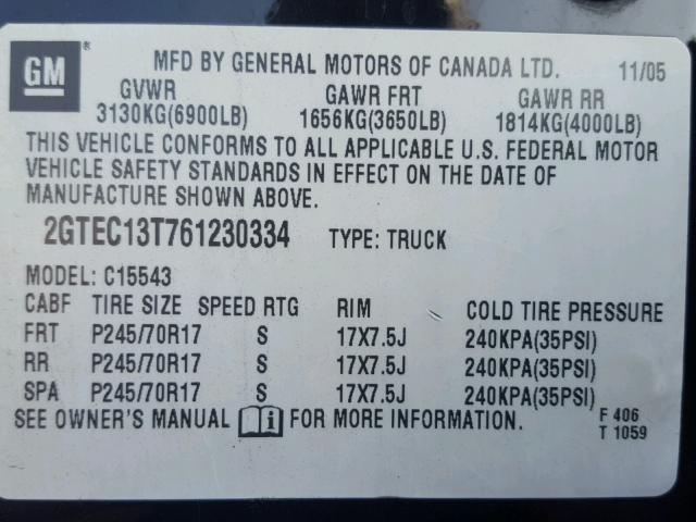 2GTEC13T761230334 - 2006 GMC NEW SIERRA BLACK photo 10