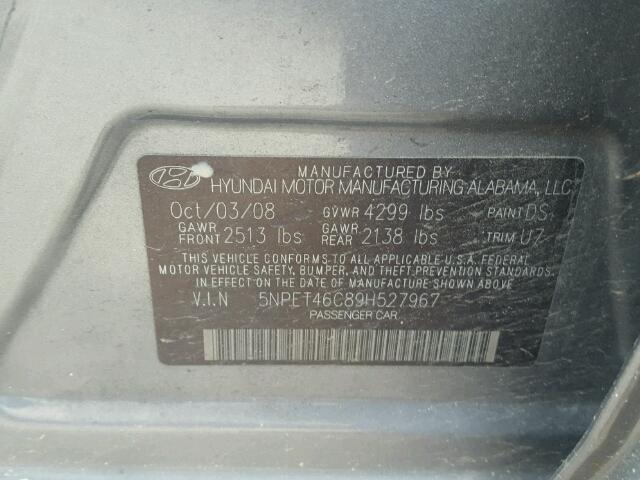 5NPET46C89H527967 - 2009 HYUNDAI SONATA GLS GRAY photo 10