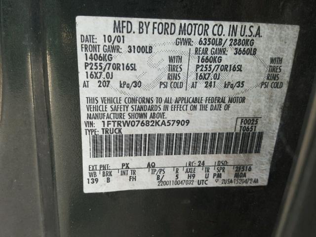 1FTRW07682KA57909 - 2002 FORD F150 SUPER GREEN photo 10