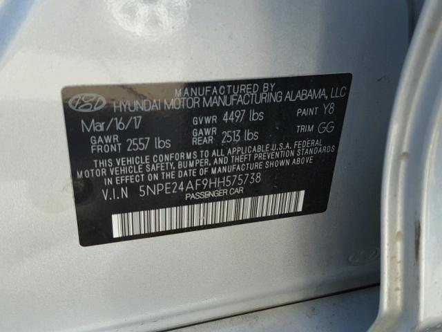 5NPE24AF9HH575738 - 2017 HYUNDAI SONATA SE SILVER photo 10