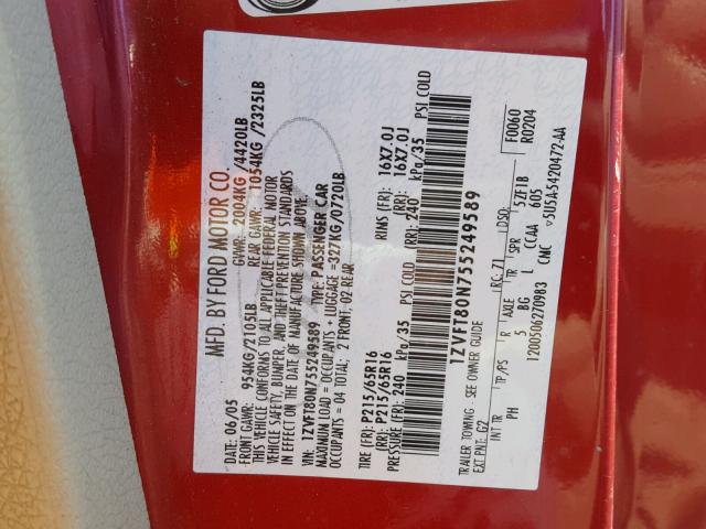 1ZVFT80N755249589 - 2005 FORD MUSTANG RED photo 10