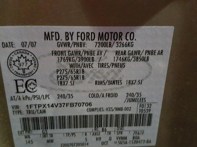 1FTPX14V37FB70706 - 2007 FORD F150 BEIGE photo 10