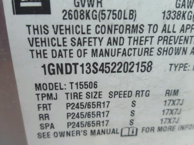 1GNDT13S452202158 - 2005 CHEVROLET TRAILBLAZE SILVER photo 10